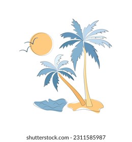 Beach holiday scene. Summertime. The palm trees logo poster. Birds and sun onthe ocean view