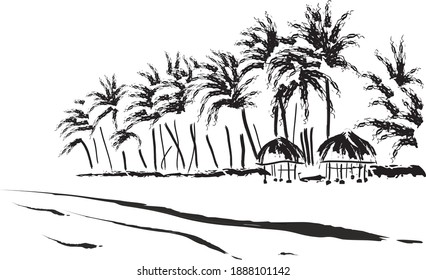 A beach holiday scenery, panoramic beach view. Relaxed atmosphere, beach, palm trees, bungalows. Minimalistic black and white vector image for postcards, web-sites, t-shirts