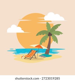 Ilustração de arte vetorial de cenário de férias na praia