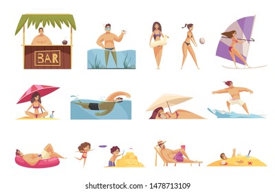 Beach holiday set with flat isolated images doodle style characters of relaxing people on blank background vector illustration