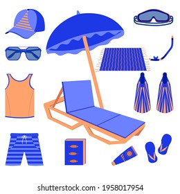 beach holiday set with isolated items on a white background: chaise lounge, cap, glasses, t-shirt, shorts, umbrella, mask, fins, towels, flip flops and sunscreen in blue and orange colors