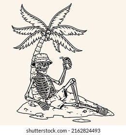 Beach holiday sketch colorful vintage skeleton tourist sunbathing under palm tree with cigar and cocktail on desert island vector illustration