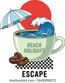 beach holiday surf coffee. Summer beach Break vector graphic design. Beach party tropical colorful poster . surfboard ice box relax chare in beach. Festival vector Illustration placard