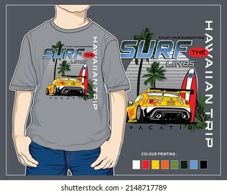 beach holiday, vector car cartoon graphic t shirt illustration design