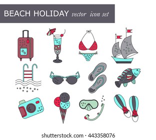 Beach holiday vector colored icons. Thin liner vector icons - summer vacation. Flippers, step-ins, mask, cocktail, suitcase, sailboat, swimsuit, ice cream, sunglasses, fish, camera, pool.