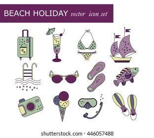 Beach holiday vector colored icons. Thin liner vector icons - summer vacation. Flippers, step-ins, mask, cocktail, suitcase, sailboat, swimsuit, ice cream, sunglasses, fish, camera, pool.