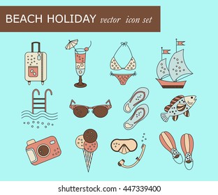 Beach holiday vector colored icons. Thin liner vector icons summer vacation. Flippers, step-ins, mask, cocktail, suitcase, sailboat, swimsuit, ice cream, sunglasses fish camera pool