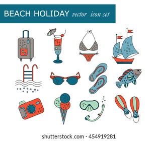 Beach holiday vector colored icons. Thin liner vector icons - summer vacation.