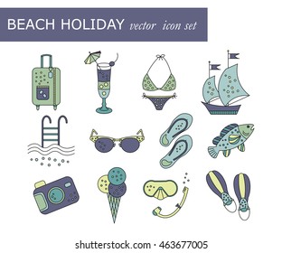 Beach holiday vector colored icons. Thin liner vector icons - summer vacation. Flippers, step-ins, mask, cocktail, suitcase, sailboat, swimsuit, ice cream, sunglasses, fish, camera, pool.