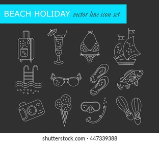Beach holiday vector line icons. Thin liner vector icons summer vacation. Flippers, step-ins, mask, cocktail, suitcase, sailboat, swimsuit, ice cream, sunglasses fish camera pool