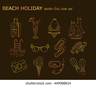 Beach holiday vector line icons. Thin liner golden icons - summer vacation. Flippers, step-ins, mask, cocktail, suitcase, sailboat, swimsuit, ice cream, sunglasses, fish, camera and pool.