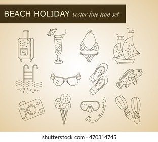 Beach holiday vector line icons.Vintage thin liner vector icons - summer vacation. Flippers, step-ins, mask, cocktail, suitcase, sailboat, swimsuit, ice cream, sunglasses, fish, camera, pool.