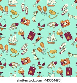 Beach holiday vector seamless pattern. Pattern with summer sea icons about summer vacation. Flippers, step-ins, mask, cocktail, suitcase, sailboat, swimsuit, ice cream, sunglasses, fish, camera.