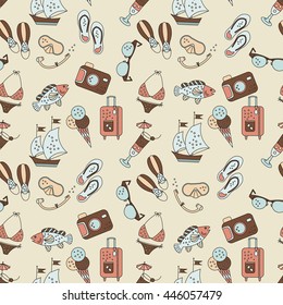 Beach holiday vector seamless pattern. Pattern with summer sea icons about summer vacation. Flippers, step-ins, mask, cocktail, suitcase, sailboat, swimsuit, ice cream, sunglasses, fish, camera.
