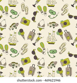 Beach holiday vector seamless pattern. Pattern with summer sea icons about summer vacation. Flippers, step-ins, mask, cocktail, suitcase, sailboat, swimsuit, ice cream, sunglasses, fish, camera.