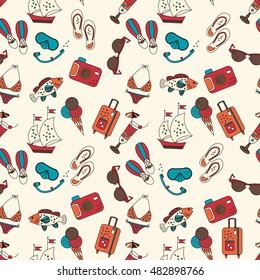 Beach holiday vector seamless pattern. Pattern with summer sea icons about summer vacation. Flippers, step-ins, mask, cocktail, suitcase, sailboat, swimsuit, ice cream, sunglasses, fish, camera.