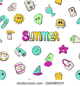 Beach holiday. Vivid seamless pattern background. Cartoon character. Summertime travel vector illustration.