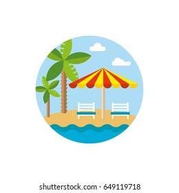 Beach holiday weekend travel sunbed palm sand flat icon. Fantastic summer paradise island with palms, sunbed and deck chair. Beach element isolated: palm oasis, cocos. Flat vector illustration set.