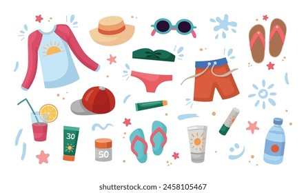 Concepto de vacaciones en la playa. Diseño plano, ilustración de dibujos animados. Accesorios de playa, Elementos. Vacaciones de verano. Tubos de protección solar. Golpes de crema de protección solar. Concepto de vacaciones en la playa. Diseño plano