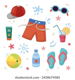 Beach holidays concept. Flat design, cartoon illustration. Male Beach accessories, elements. Summer vacation. Sunscreen tubes. Strokes of sunscreen cream. Beach holidays concept. Flat design