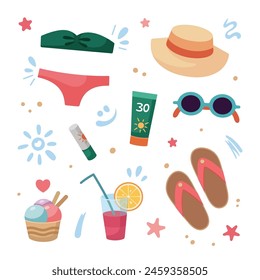 Beach holidays concept. Flat design, cartoon illustration. Female Beach accessories, elements. Summer vacation. Sunscreen tubes. Strokes of sunscreen cream. Beach holidays concept. Flat design