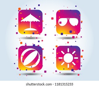 Beach holidays icons. Ball, umbrella and sunglasses signs. Summer sun symbol. Colour gradient square buttons. Flat design beach concept. Vector