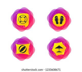 Beach holidays icons. Ball, umbrella and flip-flops sandals signs. Lifebuoy symbol. Geometric gradient sales shapes. Creative banners. Template for design. Beach vector