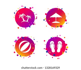 Beach holidays icons. Ball, umbrella and flip-flops sandals signs. Palm trees symbol. Gradient circle buttons with icons. Random dots design. Vector