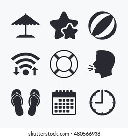 Beach holidays icons. Ball, umbrella and flip-flops sandals signs. Lifebuoy symbol. Wifi internet, favorite stars, calendar and clock. Talking head. Vector