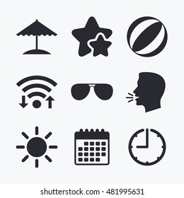 Beach holidays icons. Ball, umbrella and sunglasses signs. Summer sun symbol. Wifi internet, favorite stars, calendar and clock. Talking head. Vector