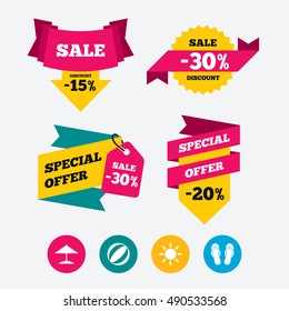 Beach holidays icons. Ball, umbrella and flip-flops sandals signs. Summer sun symbol. Web stickers, banners and labels. Sale discount tags. Special offer signs. Vector