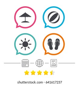 Beach holidays icons. Ball, umbrella and flip-flops sandals signs. Summer sun symbol. Calendar, internet globe and report linear icons. Star vote ranking. Vector