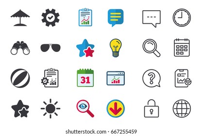 Beach holidays icons. Ball, umbrella and sunglasses signs. Summer sun symbol. Chat, Report and Calendar signs. Stars, Statistics and Download icons. Question, Clock and Globe. Vector