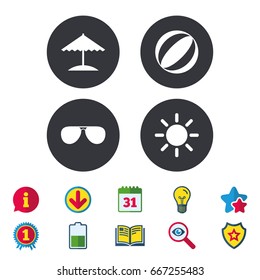 Beach holidays icons. Ball, umbrella and sunglasses signs. Summer sun symbol. Calendar, Information and Download signs. Stars, Award and Book icons. Light bulb, Shield and Search. Vector