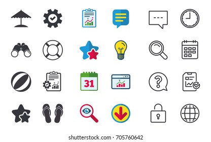 Beach holidays icons. Ball, umbrella and flip-flops sandals signs. Lifebuoy symbol. Chat, Report and Calendar signs. Stars, Statistics and Download icons. Question, Clock and Globe. Vector