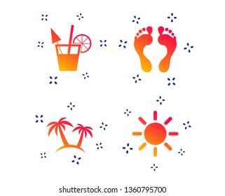 Beach holidays icons. Cocktail, human footprints and palm trees signs. Summer sun symbol. Random dynamic shapes. Gradient cocktail icon. Vector