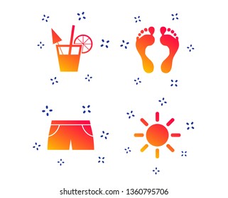 Beach holidays icons. Cocktail, human footprints and swimming trunks signs. Summer sun symbol. Random dynamic shapes. Gradient footprint icon. Vector