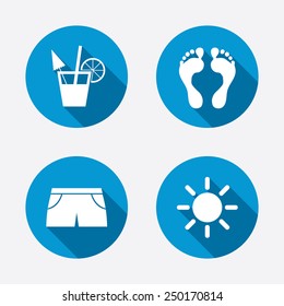 Beach holidays icons. Cocktail, human footprints and swimming trunks signs. Summer sun symbol. Circle concept web buttons. Vector