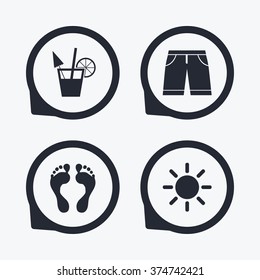 Beach holidays icons. Cocktail, human footprints and swimming trunks signs. Summer sun symbol. Flat icon pointers.