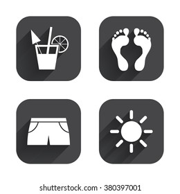 Beach holidays icons. Cocktail, human footprints and swimming trunks signs. Summer sun symbol. Square flat buttons with long shadow.