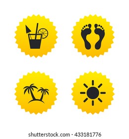 Beach holidays icons. Cocktail, human footprints and palm trees signs. Summer sun symbol. Yellow stars labels with flat icons. Vector