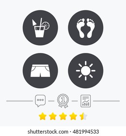 Beach holidays icons. Cocktail, human footprints and swimming trunks signs. Summer sun symbol. Chat, award medal and report linear icons. Star vote ranking. Vector