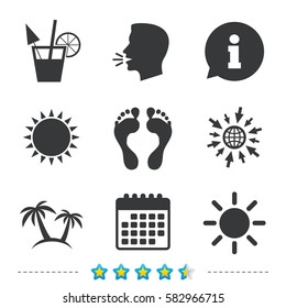 Beach holidays icons. Cocktail, human footprints and palm trees signs. Summer sun symbol. Information, go to web and calendar icons. Sun and loud speak symbol. Vector