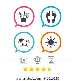 Beach holidays icons. Cocktail, human footprints and palm trees signs. Summer sun symbol. Calendar, internet globe and report linear icons. Star vote ranking. Vector
