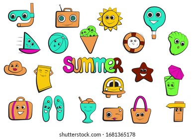 Beach holidays icons set. Cartoon character. Summertime travel vector illustration.