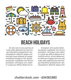 Beach holidays information banner vector illustration. Cruise related icons isolated on white background. Have voyage on big liner, eat seafood, dive with mask, take photo during sea adventure.