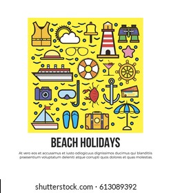 Beach holidays information banner vector illustration. Cruise related icons