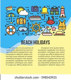 Beach holidays information list vector illustration. All summer attributes icons on sea and shore background. Take photos, dive with mask, sail, take sunbathes, go on excursions during whole journey.