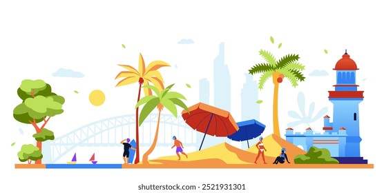 Vacaciones en la playa cerca de Cape Byron - Ilustración vectorial de colores modernos con palmeras, costa del mar con arena cálida, vacaciones tomando el sol o surfeando, vistas de Australia, vacaciones de verano y relajarse