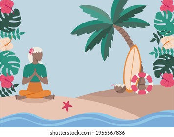 Beach holidays on the islands. Yoga, surfing and relaxation under the scorching sun and palm trees on the beach. Flat vector illustration background for postcards, websites, and banners.